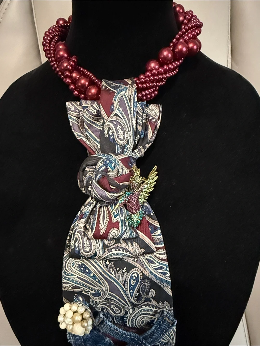 Women’s Burgundy Beaded Scarf Necklace with Paisley Accent